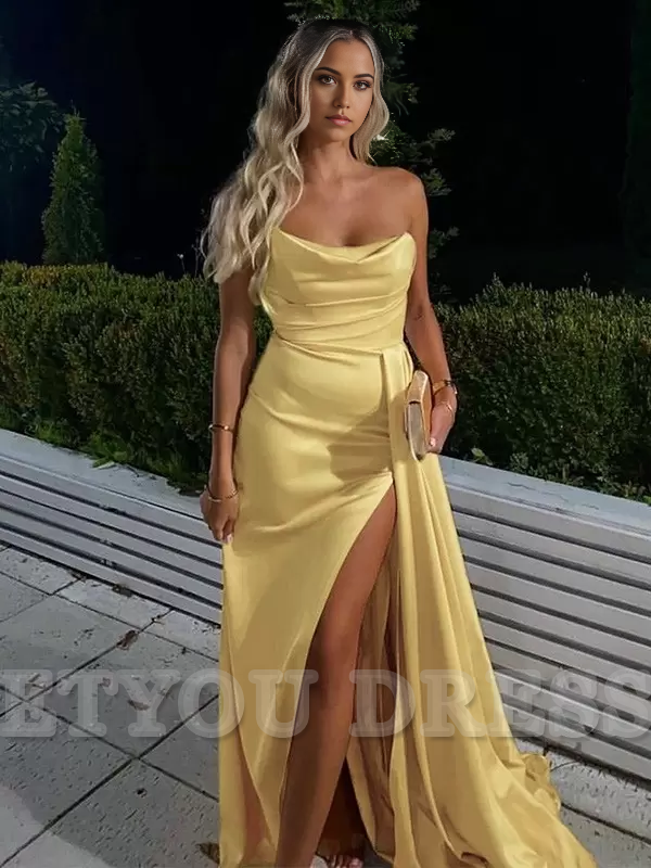 Sheath Bateau Neck Satin Train Split Front formal dresses Bridesmaid Dresses evening gown Prom Dress
